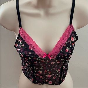 Floral black sheer pink lace trim spaghetti straps crop top, size S bohemian